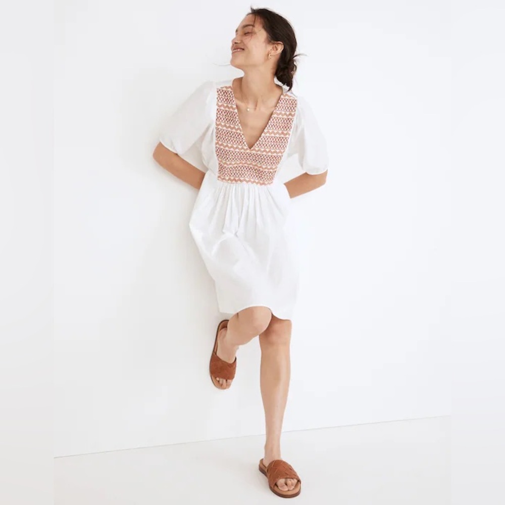 EUC Madewell White and Terracotta Embroidered Poplin V-Neck Mini Dress